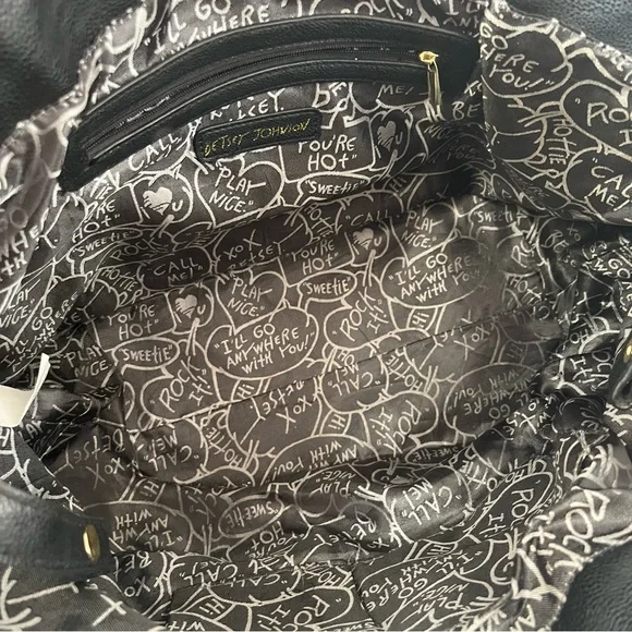 Betsey Johnson Black Quilted Rose Shoulder Tote Bag Black White Pink Bow Large - Picture 8 of 13